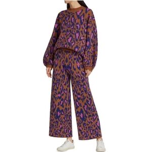 Farm Rio Leopard Heart Print Caramel, Pink, Purple Women's Sweater Set Pants Top